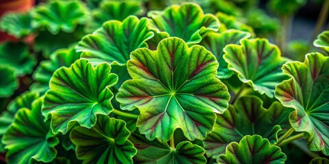 Lush green geranium plant leaves with intricate textures and vibrant colors in natural lighting
