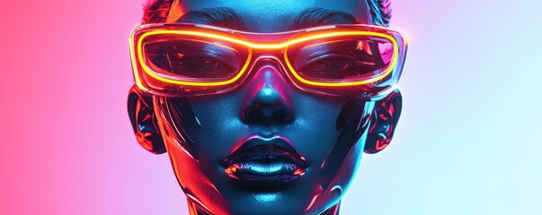 A futuristic portrait featuring a humanoid with neon glasses, blending digital art with technology aesthetics.