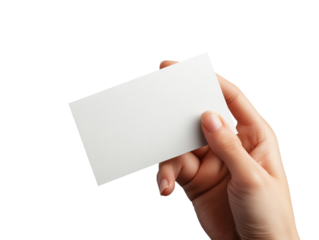 A female hand holding a blank business card white background..