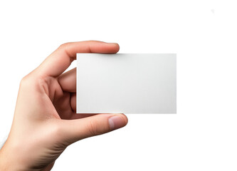 Obraz premium A female hand holding a blank business card white background..