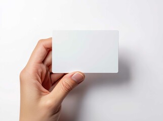 Fototapeta premium A female hand holding a blank business card white background..