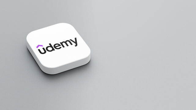 An icon of the udemy logo on a gray background, a white square with rounded corners, a minimalistic design, 3D rendering.	