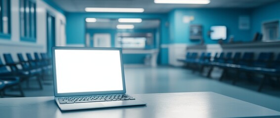 White hospital reception counter with computer mockup. Clinic front desk.