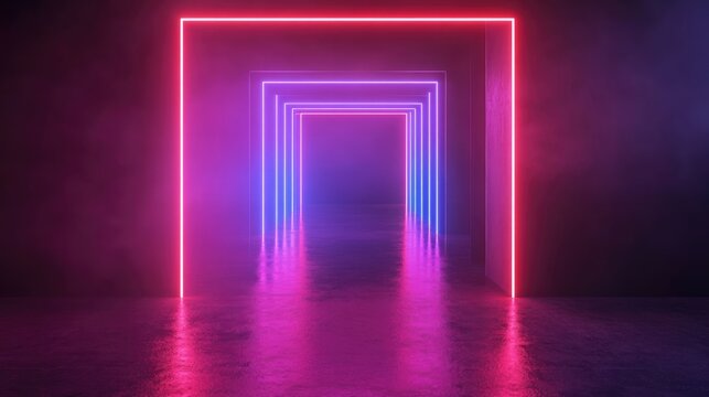 Glowing pink and purple gates to a night club. Modern urban night life concept