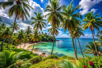 Lush tropical landscapes featuring palm trees, pristine beaches, vibrant flora, and clear blue skies
