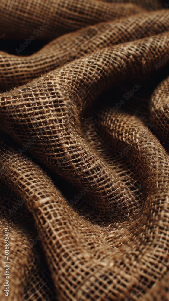 Poster close-up view of intricate brown sackcloth fabric highlighting its mesmerizing pattern and texture