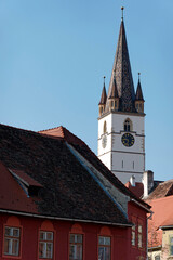 Fragment from the clock tower of Lutheran Cathedral of Saint Mary. It is a prominent landmark in Sibiu, Romania, one of the largest Gothic-style churches in Transylvania. 