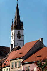 Fragment from the clock tower of Lutheran Cathedral of Saint Mary. It is a prominent landmark in Sibiu, Romania, one of the largest Gothic-style churches in Transylvania. 