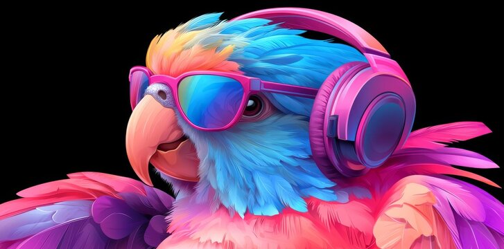 DJ parott in neon party headphones and sunglasses, generative stock