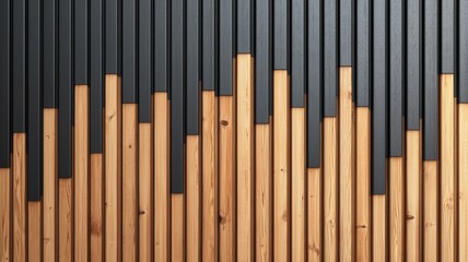Wood and metal paneling creating a harmonious abstract design, showcasing varying heights and textures, well-suited for modern interior decor in an artistic space