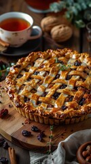 Homemade dried fruit and nut pie with a cup of tea on a rustic wooden table