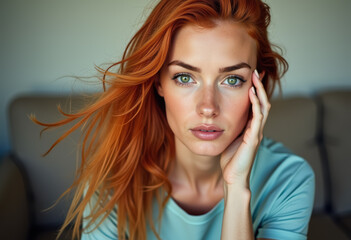 A woman with red hair and green eyes resting her head on her hand