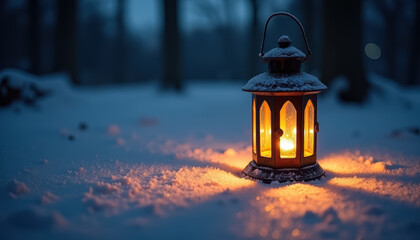 A tranquil winter night illuminated by a candle lantern