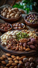 Fototapeta premium A healthy assortment of nuts displayed on a rustic wooden table for a nutritious snack option