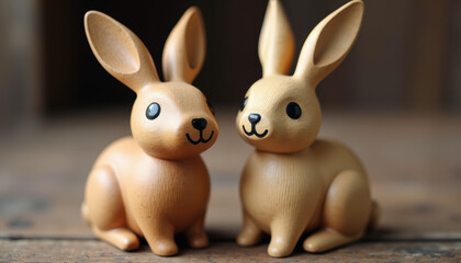 Handcrafted wooden rabbits on display
