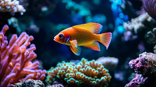Lyretail anthias gracefully swimming from left to right in a vibrant aquarium setting