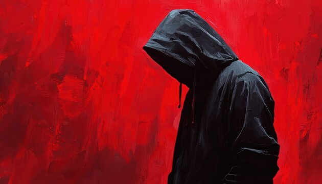 A hooded figure against a vivid red background, evoking secrecy and intrigue in a digitally enhanced world.