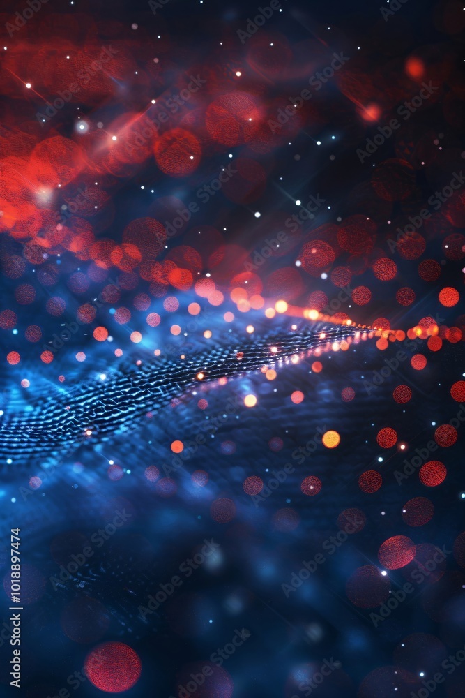 Poster futuristic abstract 3d red and blue flowing wave made of dots on black background. digital data stru