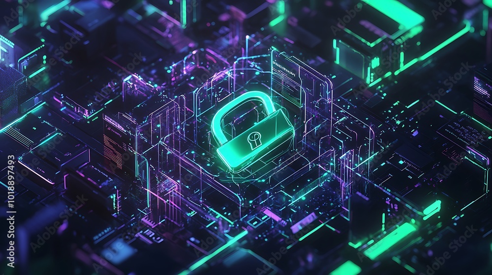 Aufkleber A glowing padlock sits at the center of a complex network of neon-lit circuitry.