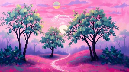 illustration of a very happy atmosphere and a purple day full of trees, nature and happiness