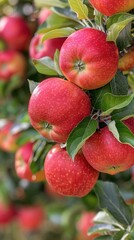Obraz premium Ripe red apples hanging on branches surrounded by green leaves in a sunny orchard