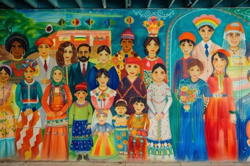 Fototapeta premium a vibrant mural of families from various countries in traditional attire