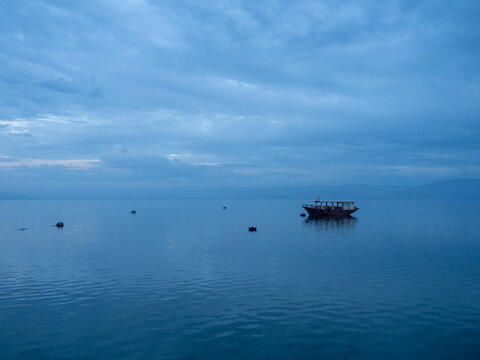 Tiberias/Israel - January 01 2020: Sunset at the Sea of Galilee at Tiberias. The Sea of Galilee, Lake Tiberias or Kinnereth in centre of Israel, is the lowest freshwater lake on Earth.