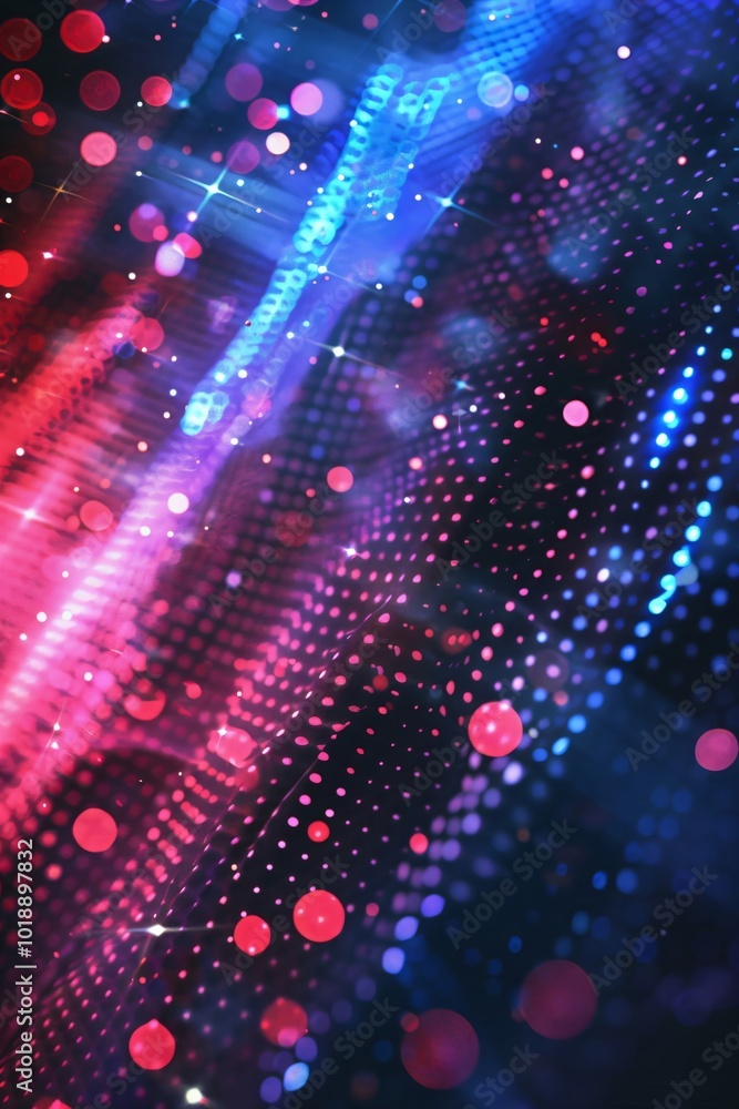 Poster futuristic abstract 3d red and blue flowing wave made of dots on black background. digital data stru