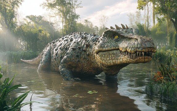 A massive, ancient Estemmenosuchus, a large therapsid reptile, emerges from the dark, lush vegetation of a primeval jungle, its imposing presence commanding the scene