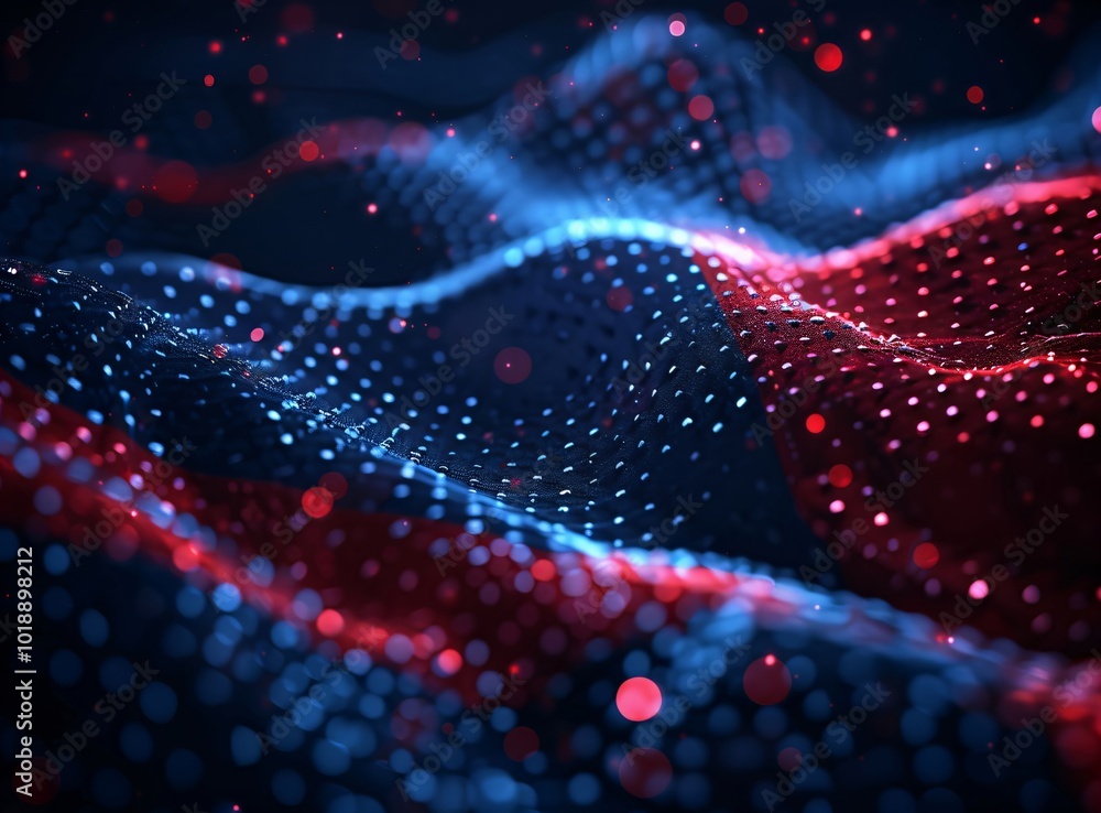 Poster futuristic abstract 3d red and blue flowing wave made of dots on black background. digital data stru