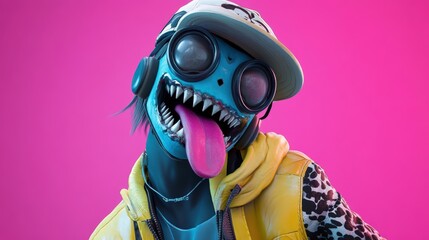 A blue and yellow cartoon monster with headphones, a hat, and a pink tongue sticks out its tongue and smiles.