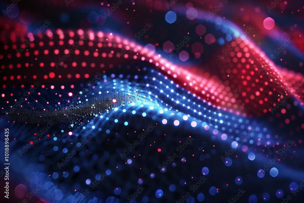 Poster futuristic abstract 3d red and blue flowing wave made of dots on black background. digital data stru