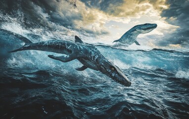 Obraz premium A massive Kronosaurus predator surges through the churning, storm-tossed waves, its immense jaws open wide as it pursues its unsuspecting prey