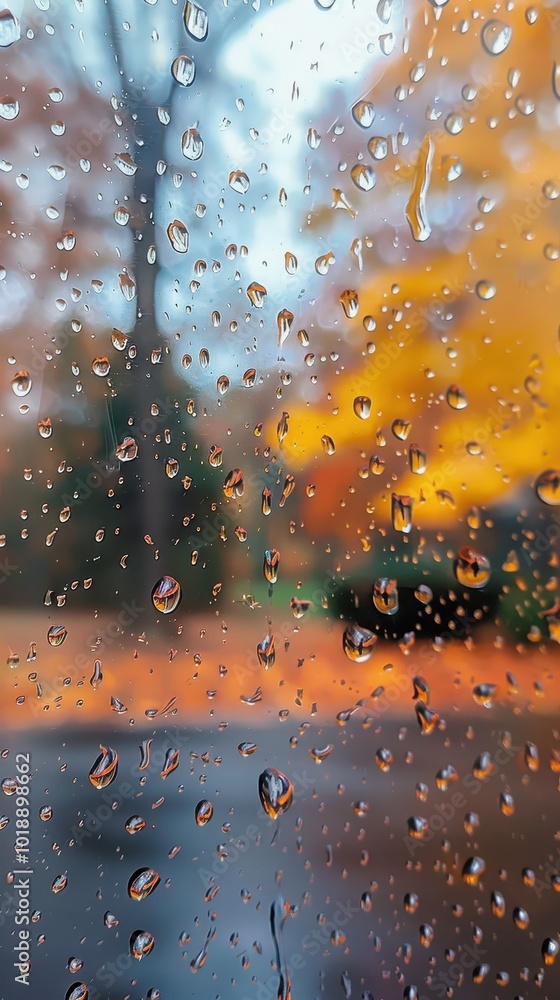 Aufkleber raindrops create a blurry autumn view through a window showcasing vibrant trees in the background