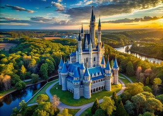 Magical fairy tale castle nestled among trees under a vibrant blue sky in Florida's enchanting landscape