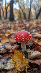Bright red mushroom surrounded by fallen leaves in a tranquil forest setting during autumn