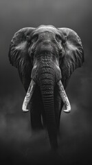 A majestic male elephant stands proud in a striking black-and-white portrait