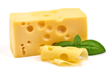 Block of Swiss cheese with holes, isolated on white background.