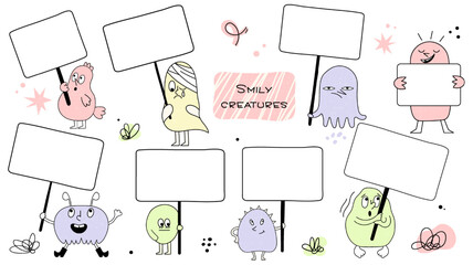 Set of cute monsters with empty board for text in hands, funny pastel creatures, different emotions and poses, place for text, vector illustration, character with text box