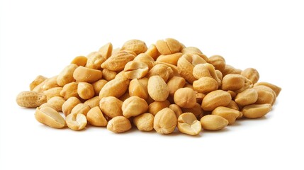 A small pile of whole, unshelled peanuts arranged on a plain white background, showcasing their texture and earthy color.