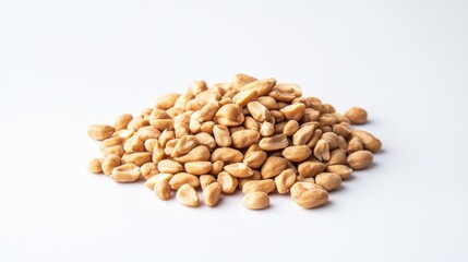 A small pile of whole, unshelled peanuts arranged on a plain white background, showcasing their texture and earthy color.