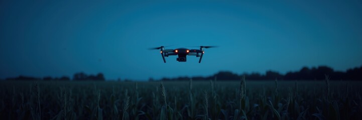 A drone hovers above a field at dusk, showcasing advanced technology in agriculture for crop monitoring and aerial photography.