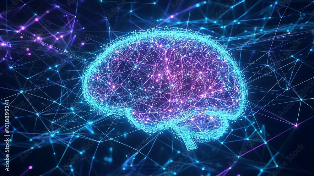 Poster A stylized brain made of interconnected lines and nodes, representing complex neural networks and data processing.