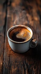 A bold cup of black coffee on a textured wood surface for a cozy morning