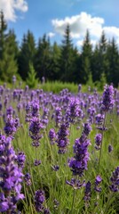 Vibrant lavender field under a blue sky, surrounded by tall trees