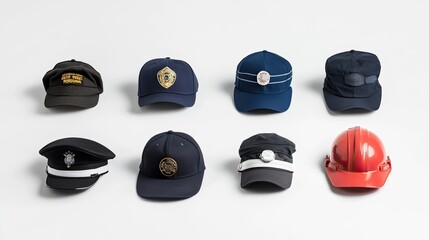Different profession hats, including a police cap, pilot's hat, and engineer hard hat, neatly displayed on a white background, illustrating career diversity.