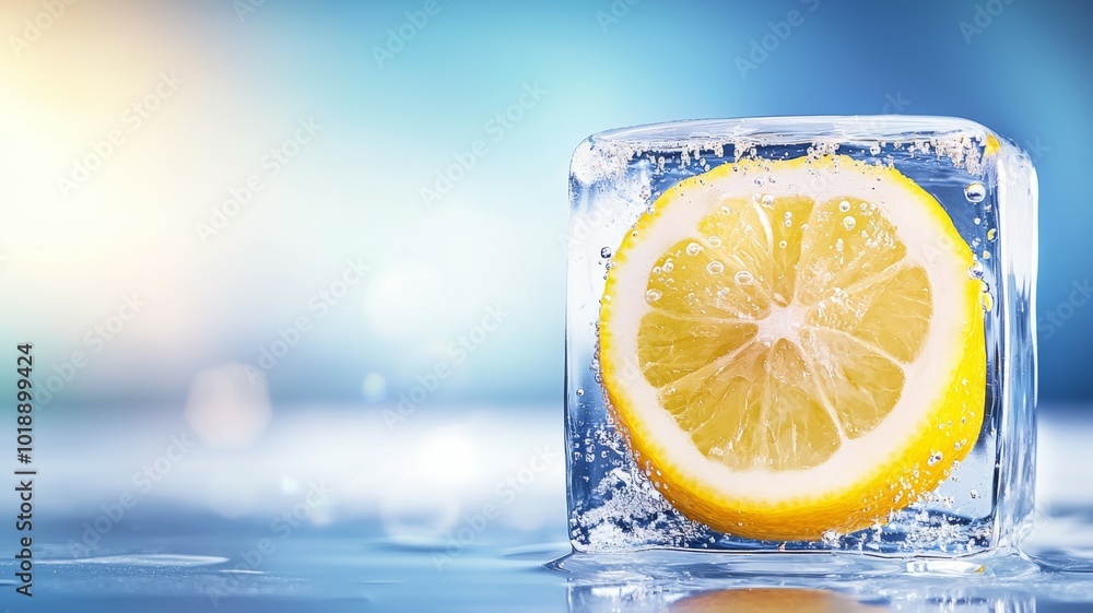 Aufkleber ice cube containing a slice of lemon floating in sparkling water with a soft blurred background