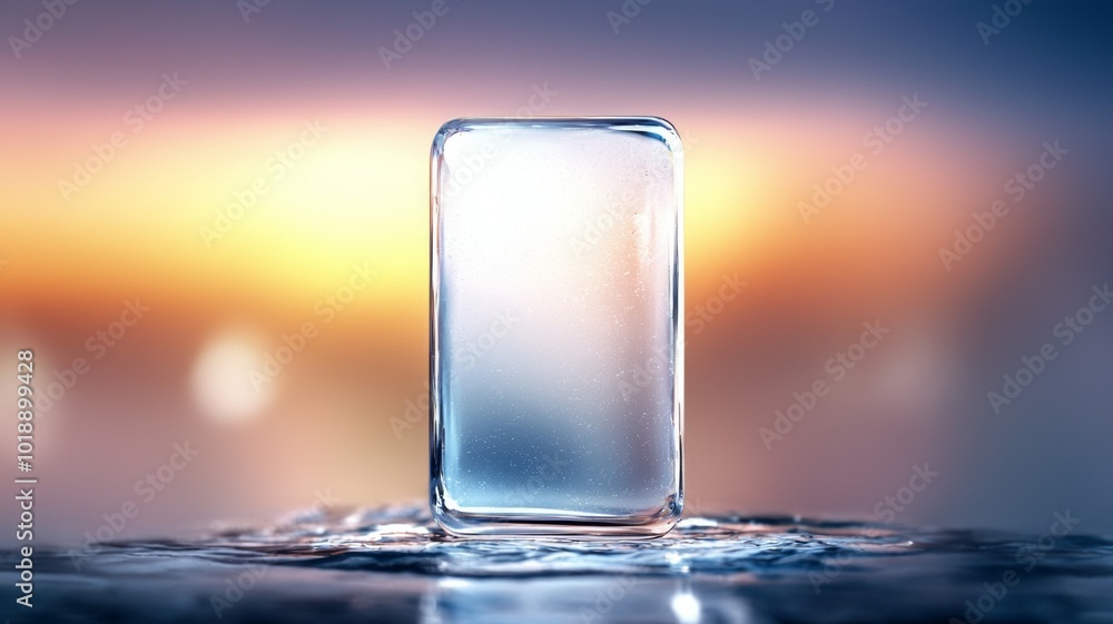 Poster a clear ice block rests on water with a blurred sunset in the background during twilight hours at a 