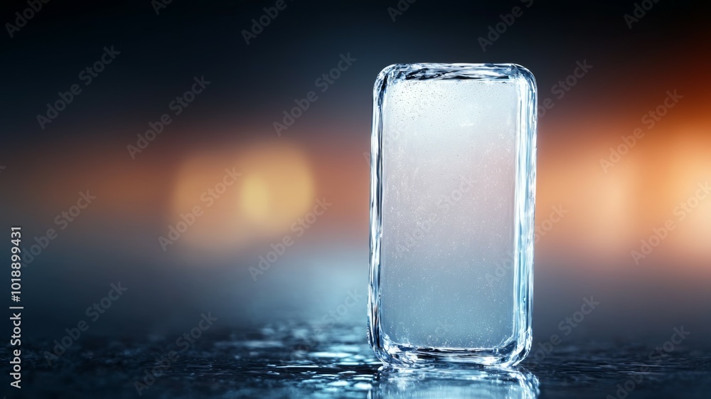 Poster a transparent ice block stands alone on a reflective surface illuminated by soft ambient light in a 