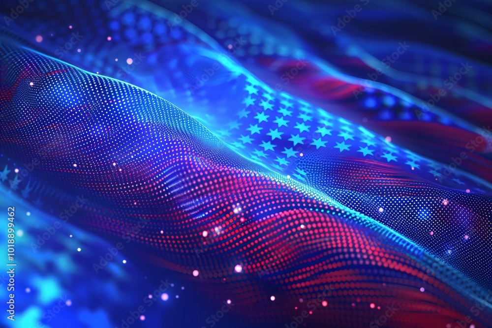 Poster futuristic abstract 3d red and blue flowing wave made of dots on black background. digital data stru